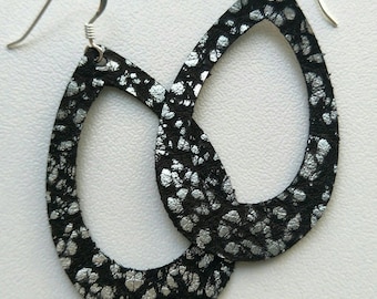 Leather Earrings- MINI Silhouette black with silver spots print. Hypoallergenic sterling silver hooks. Light weight earrings.