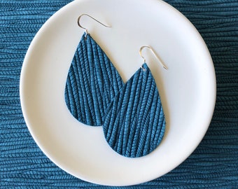 Leather Earrings- Tear Drop Bamboo Weave teal print. Hypoallergenic sterling silver hooks. Light weight earrings.