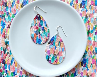 Leather Earrings- Mini Drop in colourful confetti print. Colourful earrings. Hypoallergenic sterling silver hooks. Light weight earrings.