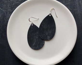 Cork Earrings- Mini Drop in Navy Cork. Hypoallergenic sterling silver hooks. Light weight earrings.