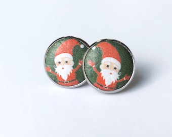 Leather studs in Santa print. Hypoallergenic surgical stainless steel bezel.
