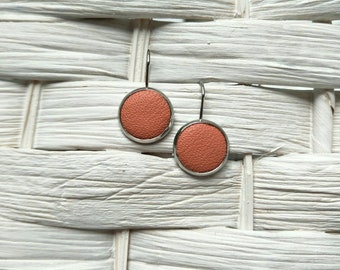 Leather Drop Studs in peach. Hypoallergenic surgical stainless steel bezel.