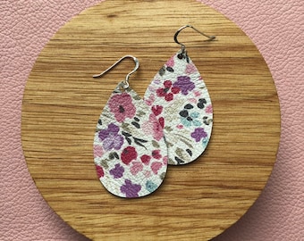 Leather Earrings- Mini Drop in watercolour flowers print. Hypoallergenic sterling silver hooks. Light weight earrings.