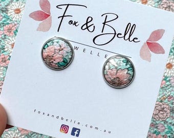 Leather studs in boho floral print. Hypoallergenic surgical stainless steel bezel. Butterfly back. Boho studs. Floral studs.