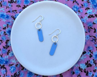 Dainty dangles in blue. Leather dangle earrings. Light weight earrings. Blue earrings. Hoop earrings.