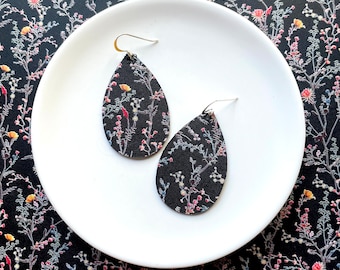 Leather Earrings- Mini Drop in Japanese garden print. Hypoallergenic sterling silver hooks. Light weight earrings. Floral earrings.