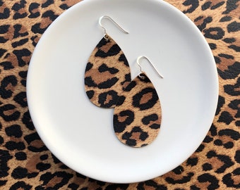 Leather Earrings- Mini Drop in leopard print. Hypoallergenic sterling silver hooks. Light weight earrings.