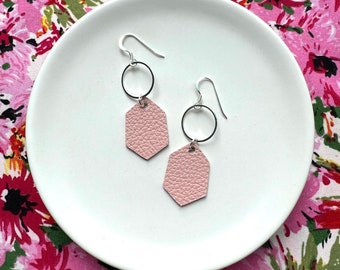 Leather earrings. Blush pink Stella dangle earrings. Sterling silver hooks. Light weight. Leather dangles. Pink earrings.