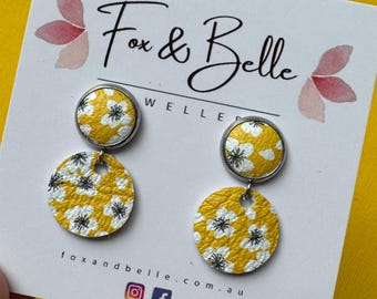 Small leather dangle earrings in sunny day. Yellow earrings. Floral earrings. Stainless steel. Light weight. Small- 10mm stud 16mm circle