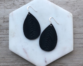 Leather Earrings- Mini Drop in Black Braided print. Hypoallergenic sterling silver hooks. Light weight earrings.