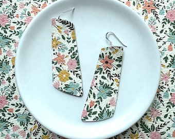 Leather earrings- The Nova in garden blooms. Light weight earrings. Hypoallergenic sterling silver hook. Floral earrings.