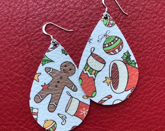 Leather Earrings- Tear Drop Christmas  print. Hypoallergenic sterling silver hooks. Light weight earrings.