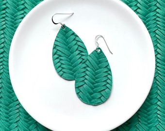 Leather Earrings- Mini Drop in Emerald Braided print. Hypoallergenic sterling silver hooks. Light weight earrings. Green earrings.