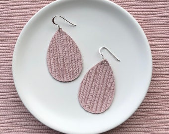 Leather Earrings- Mini Drop Bamboo Weave in blush pink print. Hypoallergenic sterling silver hooks. Light weight earrings.