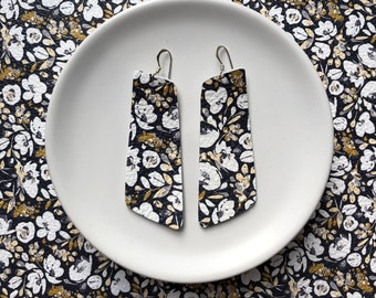 Leather earrings- The Nova in navy floral. Light weight earrings. Hypoallergenic sterling silver hook.