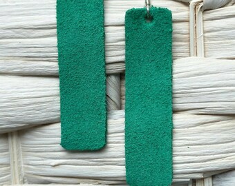 Leather earrings- Bar design in emerald green suede. Hypoallergenic sterling silver hooks. Light weight earrings.