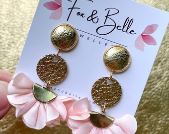 Leather earrings- golden floral dangle earrings. Stainless steel gold stud with light pink material floral fan. Gold earrings. Light weight.