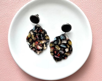 Stained glass resin earrings with 12mm black leather stud. Resin dangles. Colorful earrings. Hypoallergenic stainless steel. Butterfly back.