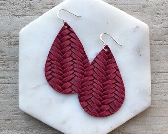 Leather Earrings- Tear Drop Raspberry Braided print. Hypoallergenic sterling silver hooks. Light weight earrings.