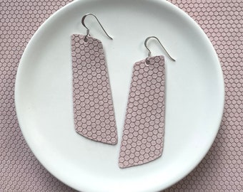 Leather earrings- The Nova in pink honeycomb. White earrings. Light weight earrings. Hypoallergenic sterling silver hook.