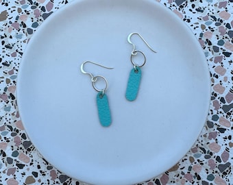 Dainty dangles in tiffany. Leather dangle earrings. Light weight earrings. Green earrings. Blue earrings. Hoop earrings.