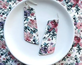 Leather earrings- The Nova in rose watercolour print. Light weight earrings. Floral earrings. Hypoallergenic sterling silver hook.