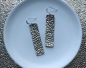 Leather earrings- Bar design in gold bubble. Hypoallergenic sterling silver hooks. Light weight earrings.