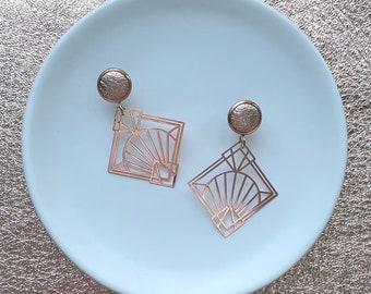 Leather stud earrings. Dangle earrings in geo deco. Art deco earrings. Rose gold earrings. Leather stud.