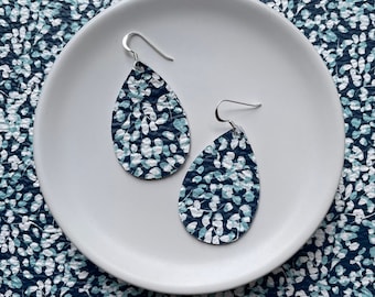 Leather Earrings- Mini Drop in blue flowers print. Blue earrings. Floral earrings. Sterling silver hooks. Light weight earrings.
