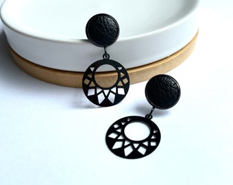 Black geo dangle earrings with 12mm black leather stud. Hypoallergenic stainless steel. Black dangle earrings.