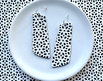 Leather earrings- The Nova in black and white fleck print. Monochrome earrings. Light weight earrings. Hypoallergenic sterling silver hook.