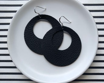 Leather earrings - The Eclipse in black beauty. Round earrings. Hypoallergenic sterling silver hooks. Light weight earrings.