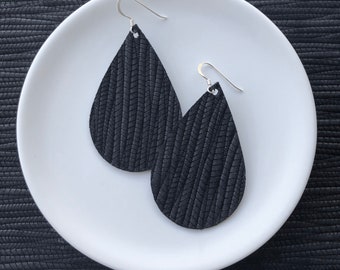 Leather Earrings- Tear Drop Bamboo Weave black print. Hypoallergenic sterling silver hooks. Light weight earrings.