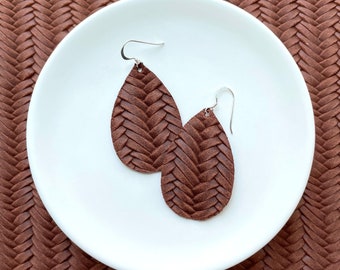 Leather Earrings- Mini Drop in pecan brown Braided print. Hypoallergenic sterling silver hooks. Light weight earrings. Brown earrings
