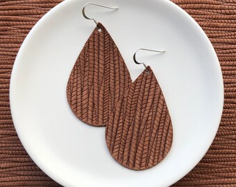 Leather Earrings- Tear Drop Bamboo Weave pecan print. Hypoallergenic sterling silver hooks. Light weight earrings.