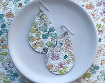 Leather Earrings- Tear Drop Watercolour flowers print. Colourful earrings. Hypoallergenic sterling silver hooks. Light weight earrings.