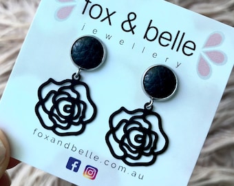 Black rose dangle earrings with 10mm leather stud. Hypoallergenic stainless steel. Butterfly back.