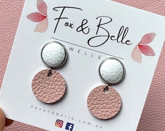Small leather dangle earrings in strawberries and cream. Pink earrings. Stainless steel. Light weight. Small version- 10mm stud 16mm circle