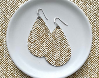 Leather Earrings- Tear Drop gold chevron print. Gold earrings. Chevron earrings.Hypoallergenic sterling silver hooks. Light weight earrings.