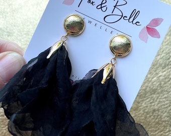 Leather earrings- bluebells in black. Soft material earrings. Stainless steel gold stud with floral detail. Lilac earrings. Light weight.