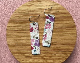 Leather earrings- Bar design in watercolour flowers. Hypoallergenic sterling silver hooks. Light weight earrings.
