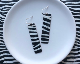 Cork earrings- Bar design in Zebra print. Hypoallergenic sterling silver hooks. Light weight earrings.