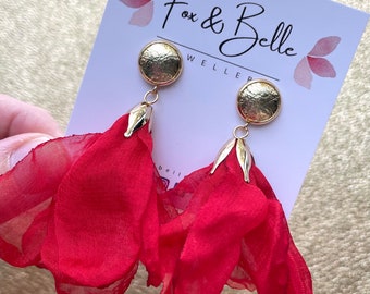 Leather earrings- bluebells in red. Soft material earrings. Stainless steel gold stud with floral detail. Red earrings. Light weight.