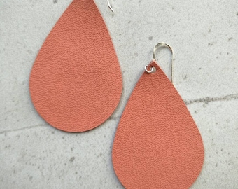 Leather Earrings- Tear Drop peach print. Hypoallergenic sterling silver hooks. Light weight earrings. CLEARANCE!