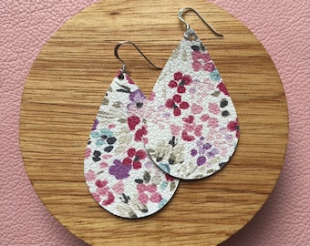 Leather Earrings- Tear Drop in watercolour flowers print. Hypoallergenic sterling silver hooks. Light weight earrings.
