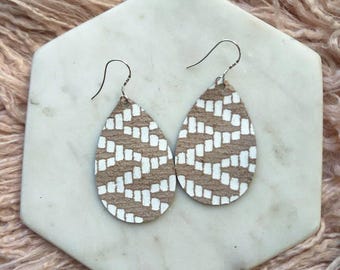 Leather Earrings- Mini Drop in white & beige zigzag print. Hypoallergenic sterling silver hooks. Light weight earrings.