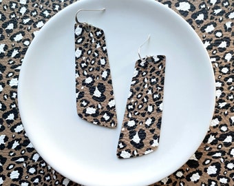 Leather earrings- The Nova in wild thing leopard. Light weight earrings. Hypoallergenic sterling silver hook. Leopard earrings.