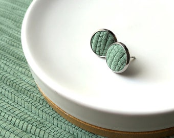 Leather studs Bamboo Weave in forest green print. Hypoallergenic surgical stainless steel bezel.