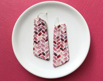 Cork earrings with leather backing- The Nova in pink chevron. Light weight earrings. Hypoallergenic sterling silver hook.
