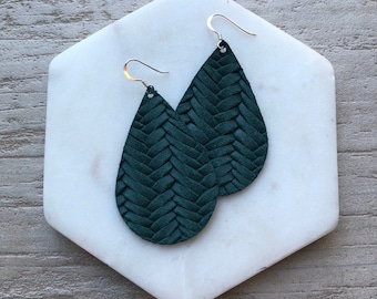 Leather Earrings- Tear Drop Pine Green Braided print. Hypoallergenic sterling silver hooks. Light weight earrings.